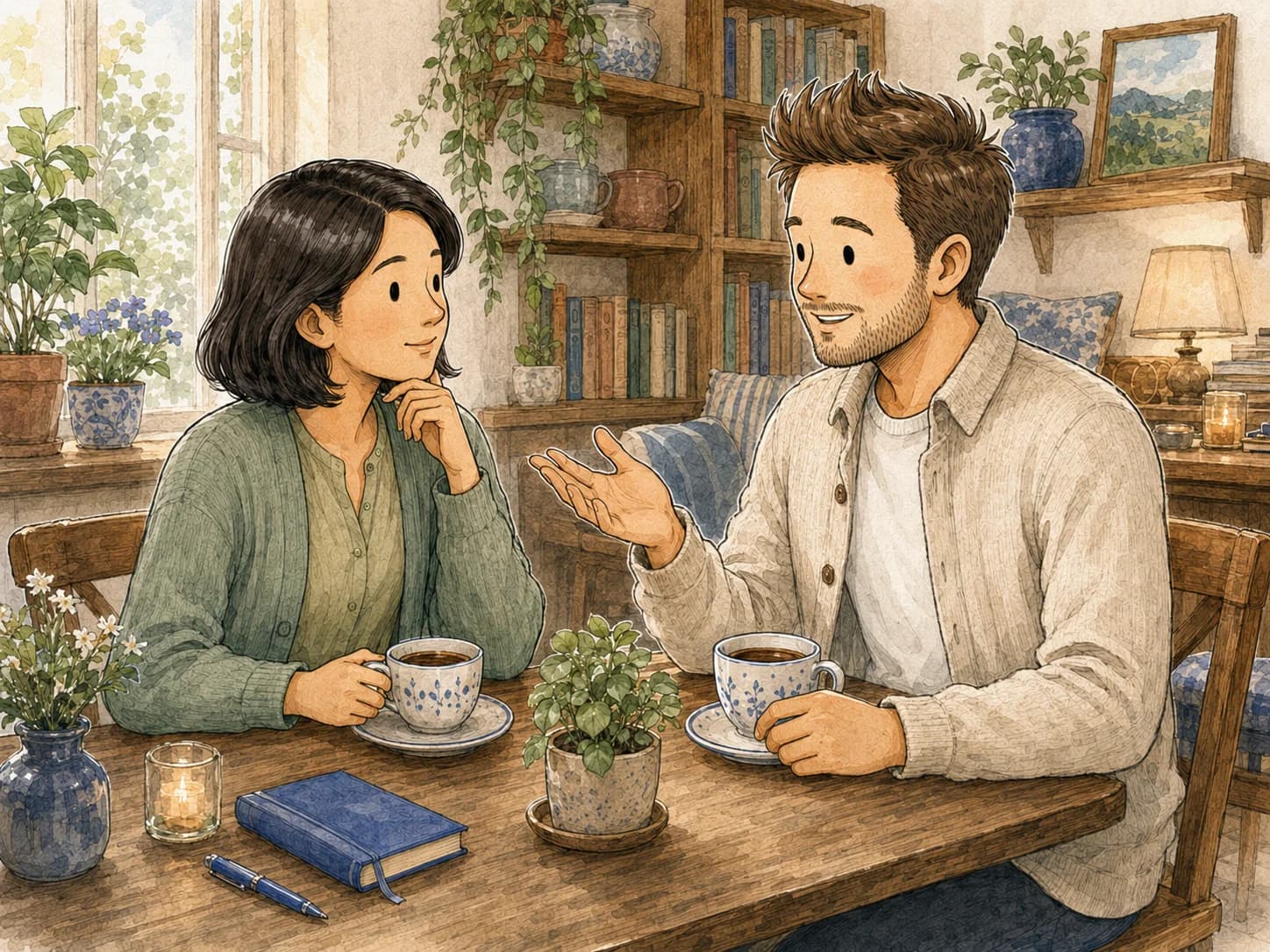 Two people in warm conversation over coffee and Delft-blue teacups, hand-painted in watercolour