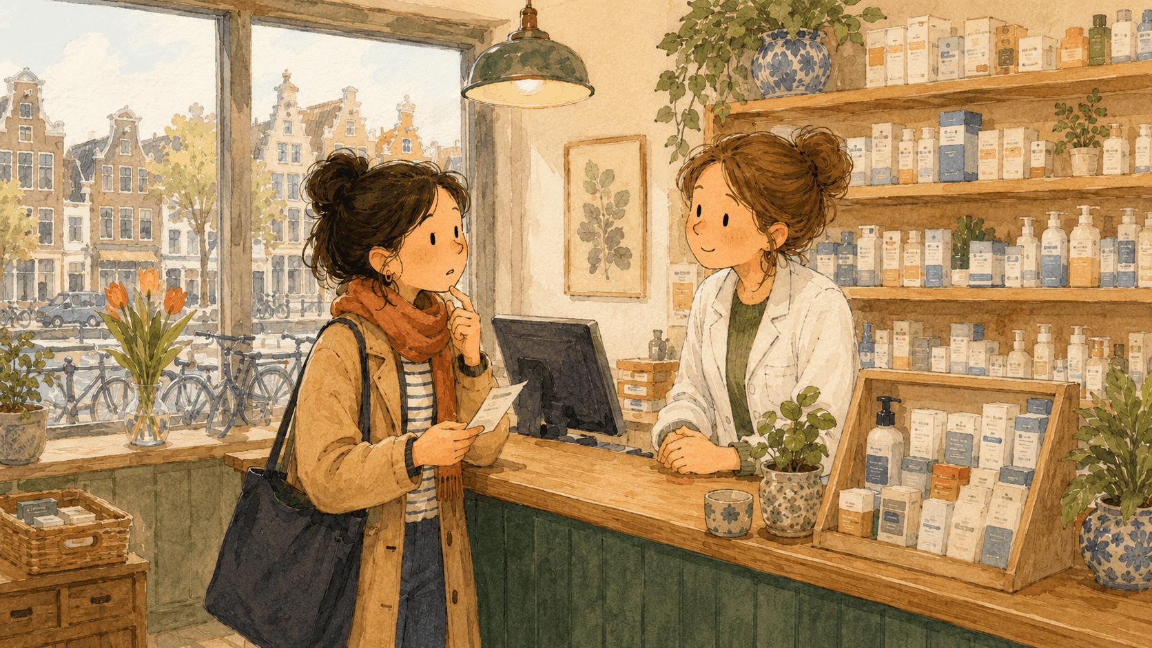 An expat pausing mid-sentence at a Dutch pharmacy counter, searching for the word, while the pharmacist waits patiently to help.