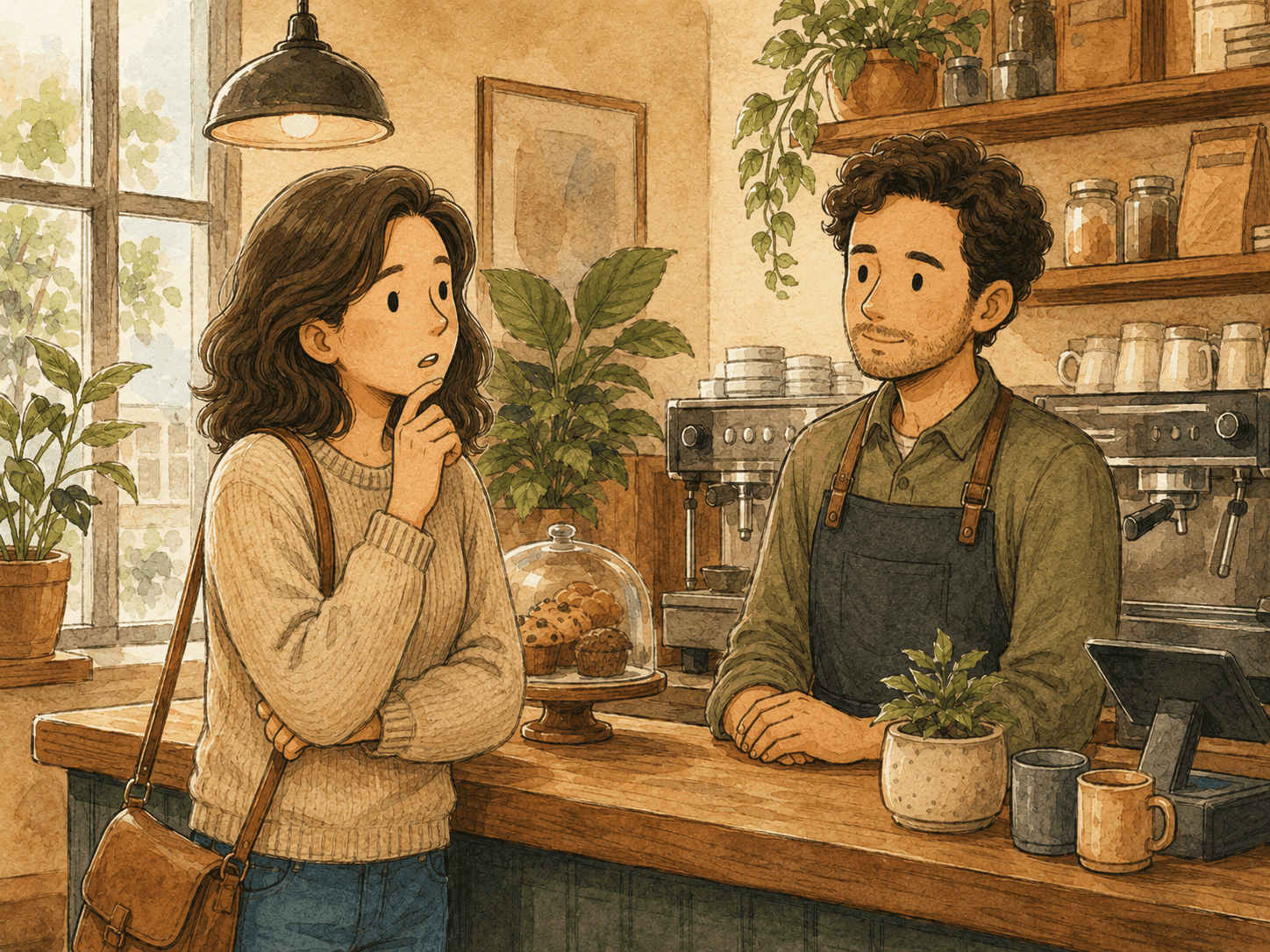 Illustration of a person hesitating to order at a Dutch bakery counter, because she cannot find the words.