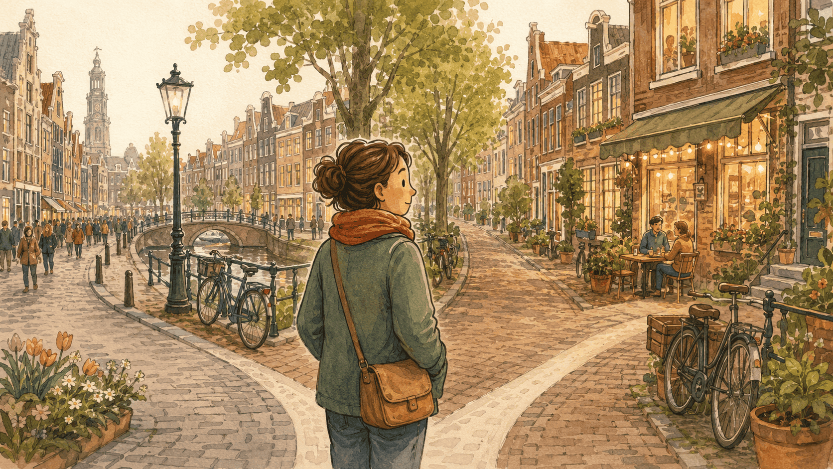 A person pausing at a fork in a Dutch street, deciding which path fits them.